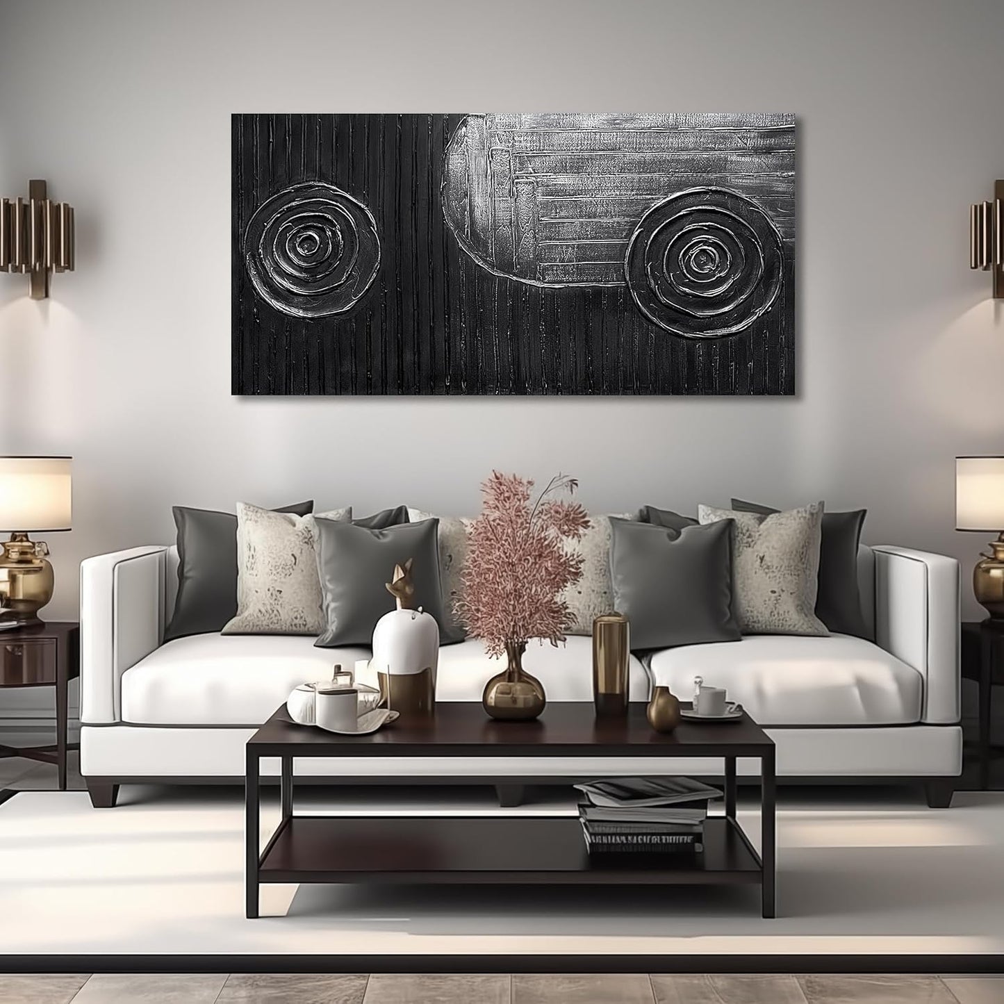 Black and Silver Circles Canvas Wall Art for Living Room Abstract Painting Wall Decor for Dining Room Minimalist Wall Decor for Office Size 24 x 47 Inch