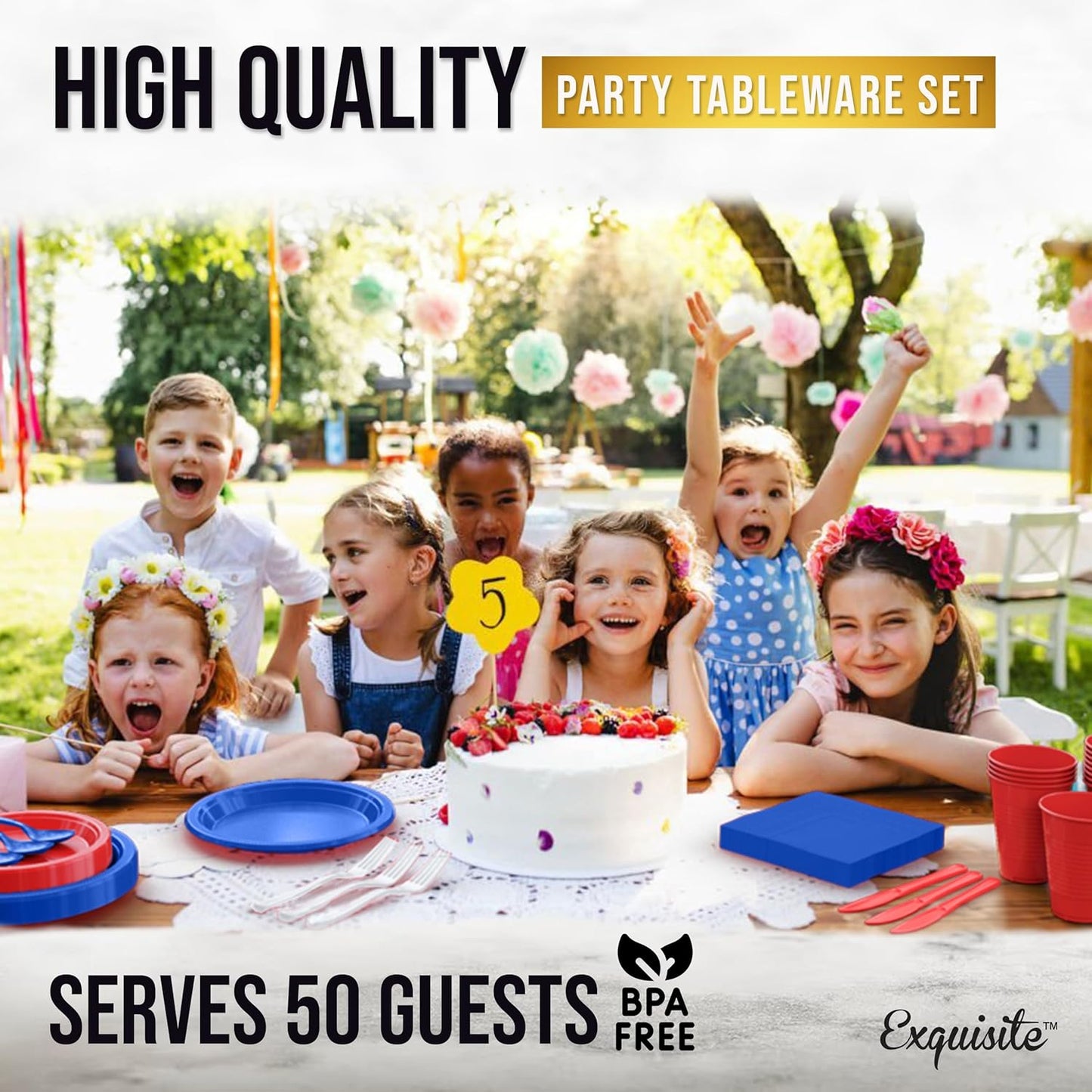 Party Solids 4th Of July Plates And Napkins Sets 350 Pieces Red White & Blue Plates And Napkins 4th Of July Decorations, 50 Of Each 9" Dinner Plate Set, 7" Plate, Cups, Napkins, Cutlery Dinnerware