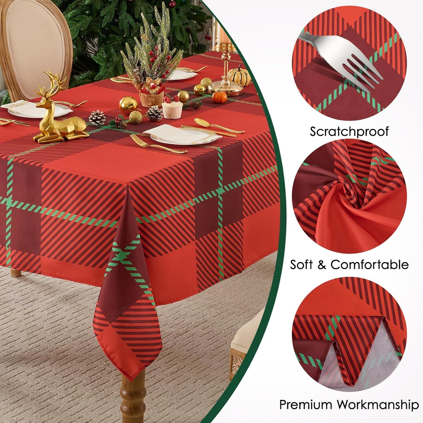 Christmas Tablecloth Rectangular 60x84 Inch Waterproof, Machine Washable Checkered Polyester Table Cover for Xmas Party, Winter Holiday Home Decoration in Festive Checkered Red 1pack
