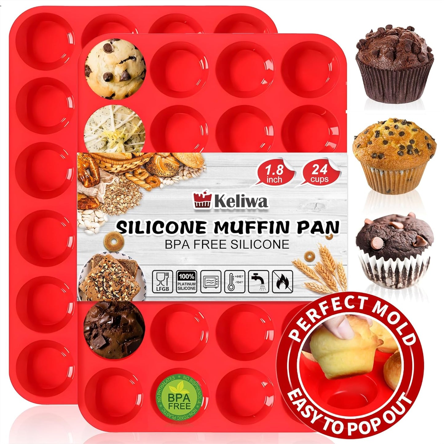 24 Cups Cupcake Pan,Mini Silicone Muffin Pan,Nonstick Food Grade Silicone Baking Cups,Great for Making Muffin Cakes, Tart, Bread - 2 PCS