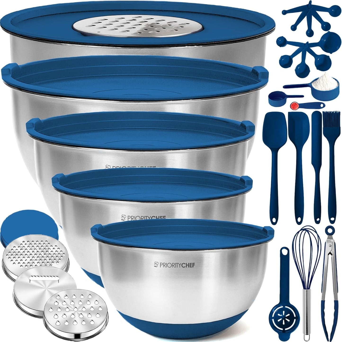 Priority Chef Stainless Steel Mixing Bowls with Lids Set, Metal Nesting Bowls with Airtight Lids, Graters, Non-Slip Base & Measurement Marks, Includes Utensil Set for Prep, Baking & Storage, Blue