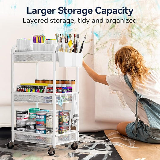 YASONIC 3 Tier Rolling Cart – Metal Utility Storage Carts with Wheels, Craft Carts Organizer with Hanging Cups, Hooks, Mesh Basket for Bedside Kitchen Office Art, White