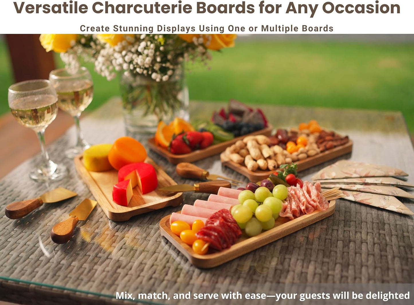 Acacia Wood Serving Tray Set – Small Rectangular Wooden Platters with Cheese Tools for Food, Appetizers & Charcuterie, Ideal for Gatherings, Snack & Cheese Board (Set of 4)