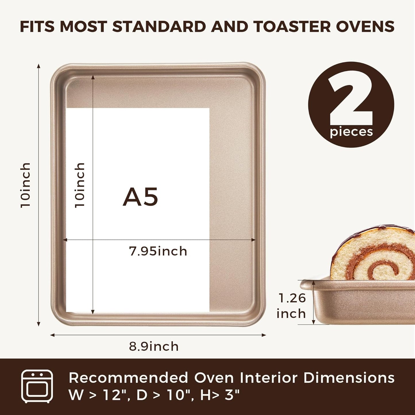 HONGBAKE 2 Pack 11 x 9 Inch Toaster Oven Pans and Trays, Small Baking Sheet Set for Cooking, Non-Stick Cookie Sheets, Heavy-Duty 0.8mm Thick, Easy to Clean, 1.26 Inch Deep, Gold