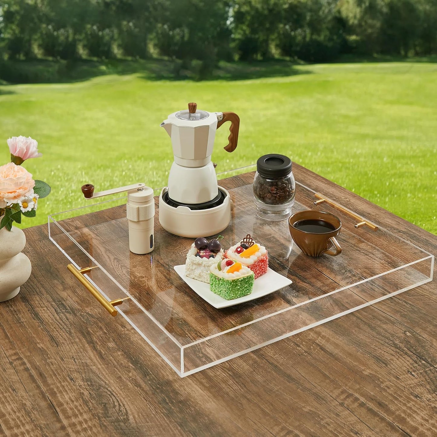 Extra Large Clear Acrylic Serving Tray (18×18 Inches) with Gold Handles Spill Proof Acrylic Over Size Big Decorative Tray Organiser for Ottoman Coffee Table Countertop