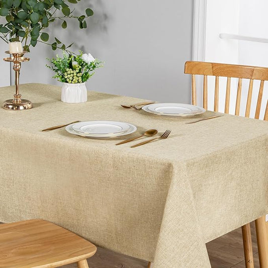 JIUZHEN 2 Pack Faux Linen Farmhouse Tablecloth Rectangular, Wrinkle Stain Resistant Table Cloth Rectangle Table Cover for Kitchen Dining, Beige, 54 x 108 Inch