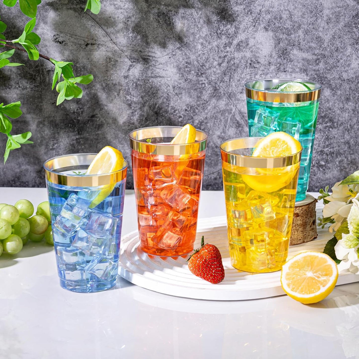 I00000 100 Pack 14 oz Gold Plastic Cups, Gold Disposable Cups Tumblers, Disposable Plastic Wine Glasses Cocktail Glasses Perfect for Wedding, Halloween, Thanksgiving, Christmas Parties