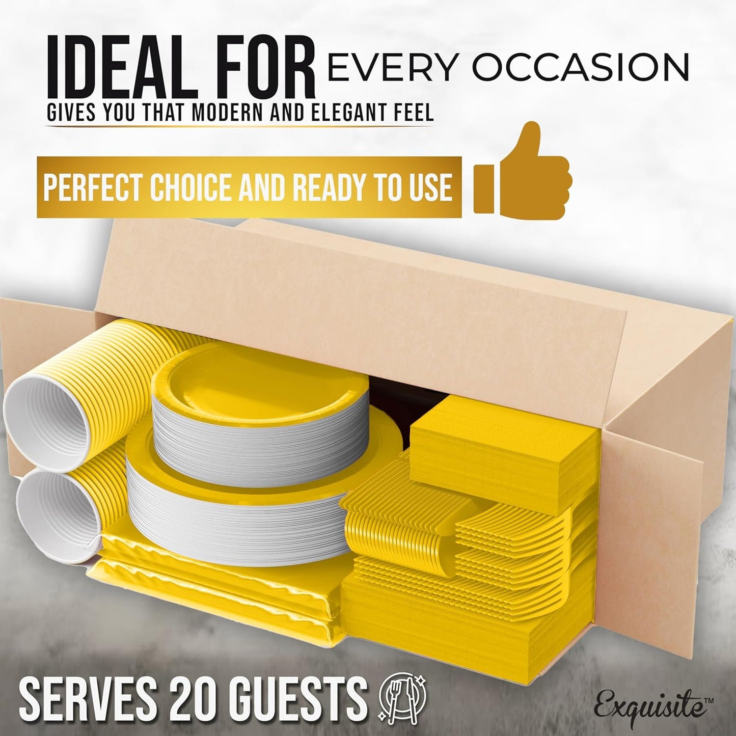 222 Pcs Yellow Paper Plates and Napkins Sets, Disposable Plates For Party, Lunch & Cocktail Napkins Paper, 18oz Plastic Cups, Cutlery and Yellow Table cloth Plastic Dinnerware Set