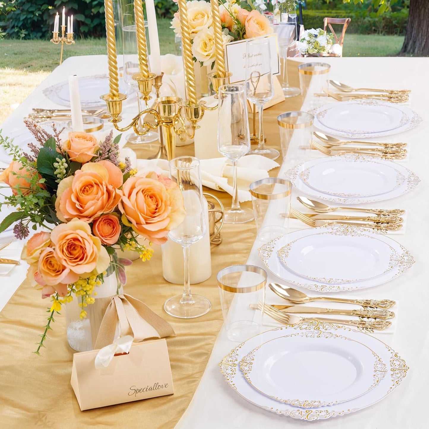 YOUBET 700PCS Gold Plastic Dinnerware Set - White and Gold Disposable Plates for 100 Guest - 200 Disposable Plates, 300 Heavy Duty Plastic Silverware, 100 Cups,100 Napkins for Wedding Thanksgiving