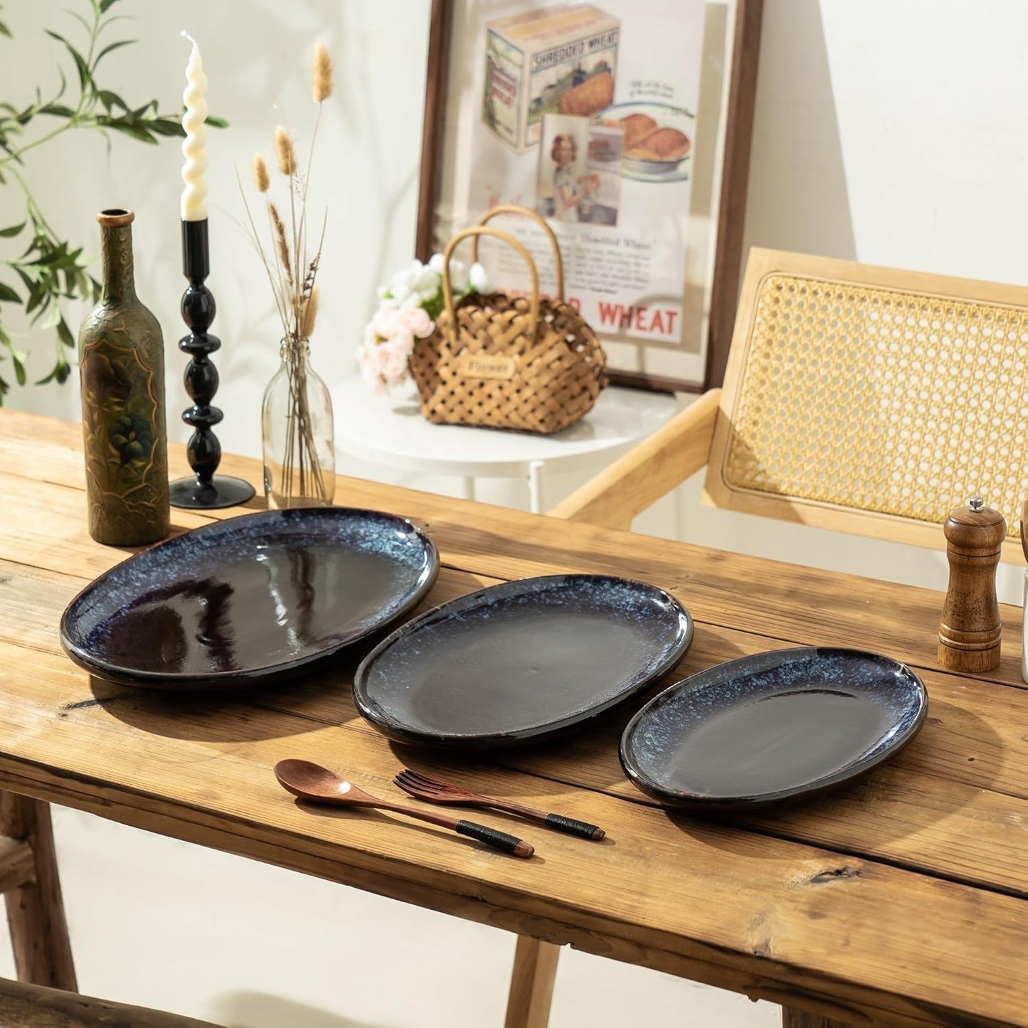 Ceramic Large Serving Platters- Set of 3 Oval Platters for Entertaining. Modern Kitchen Dishes for Dinner, Fruit, Salad, Turkey.Oven, Dishwasher Safe, 15.75"/13.75"/12",Speckled Bluish Purple