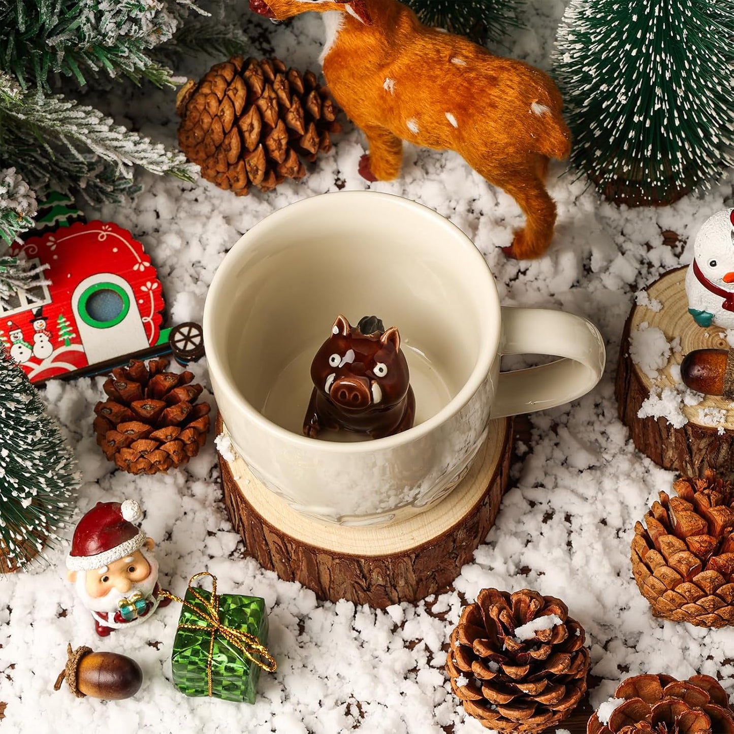 Wild Boar Ceramic Cup Hidden 3D Animal Inside Mug,Cute Cartoon Handmade Figurine Mug,Christmas Birthday Surprise for Friends Family or Kids (Cream Wild Boar)