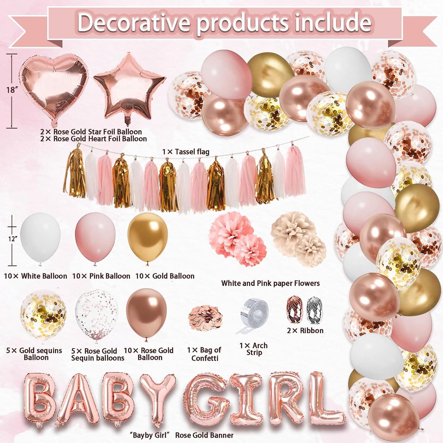 301Pcs Baby Shower Decorations For Girl, Girl Baby Shower Decorations Kits - Disposable Dinnerware Set With Pink Rose Gold Floral (50 Guest), "BABY girl" Banner, Balloon, Sash, Cake Topper