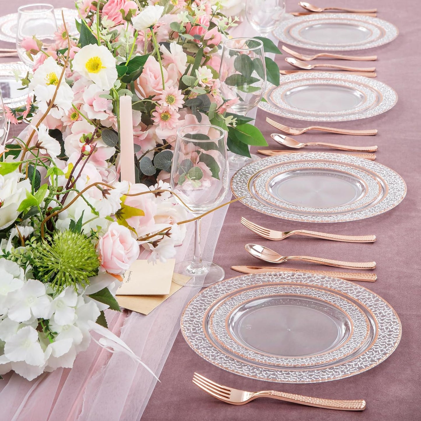 102PCS Rose Gold Plastic Plates - Clear Rose Gold Disposable Plates Include 51PCS 7.5inch Dessert Plate 51PCS 10.25inch Dinner Plate Perfect for Weddings Parties