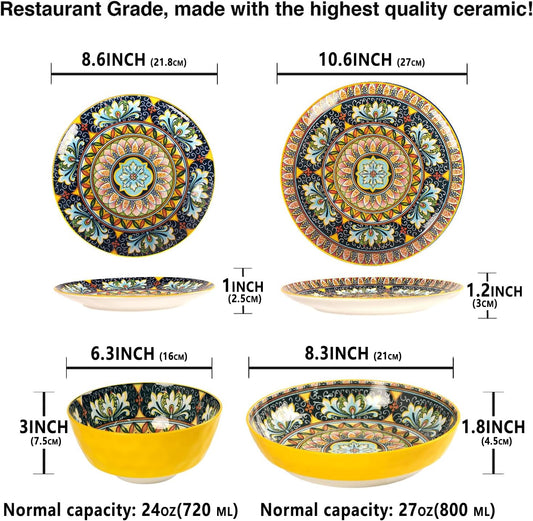 Mandala Dinnerware Sets, Plates and Bowls Set, Porcelain Dishes (16 Pieces) Service for 4, Zanzibar, Bohemian Style Dining Ware, for Kitchen and Dining Multicolor Dinnerware Set, Yellow