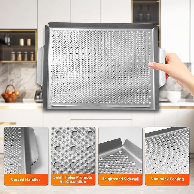 Grill Pan, Nonstick Grill Topper for Outdoor Grilling, Perforated BBQ Tray with Handles for Vegetable, Fish, Meat, Seafood (15x11)