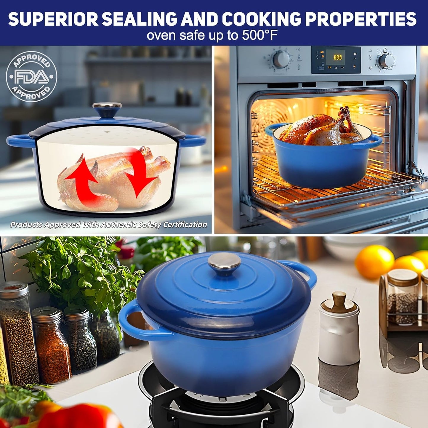 5 Quart Enameled Cast Iron Dutch Oven Pot with Lid, Dual Handle for Bread Baking, Heavy-Duty Cookware for Braising, Stews, Roasting (Blue)