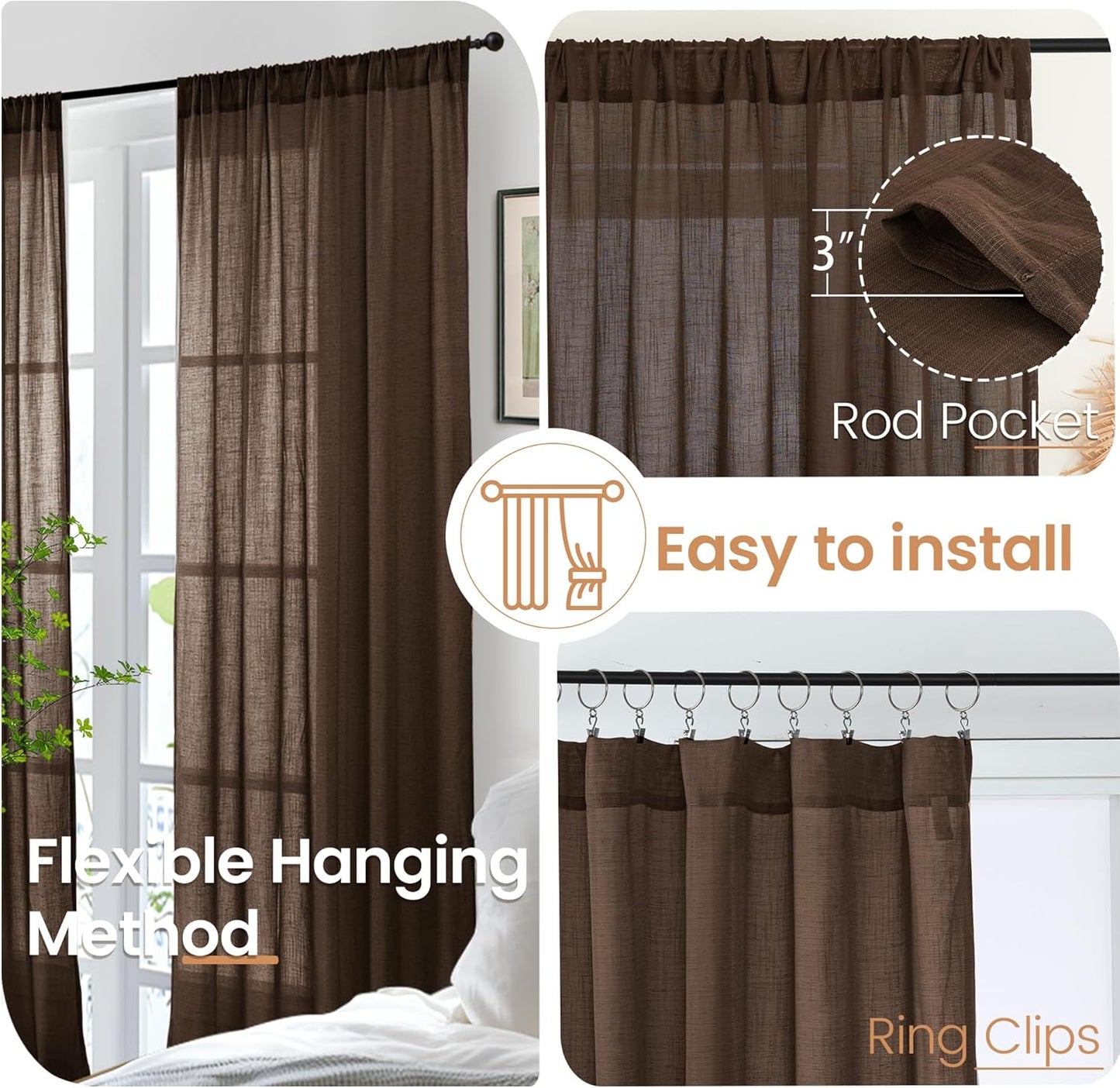 BGment Brown Linen Curtains 84 Inch Length 2 Panels for Living Room Windows, Chocolate Semi Sheer Drapes Textured with Rod Pocket for Farmhouse Bedroom Dining Decor Lightweight, Each 52 Inch Wide