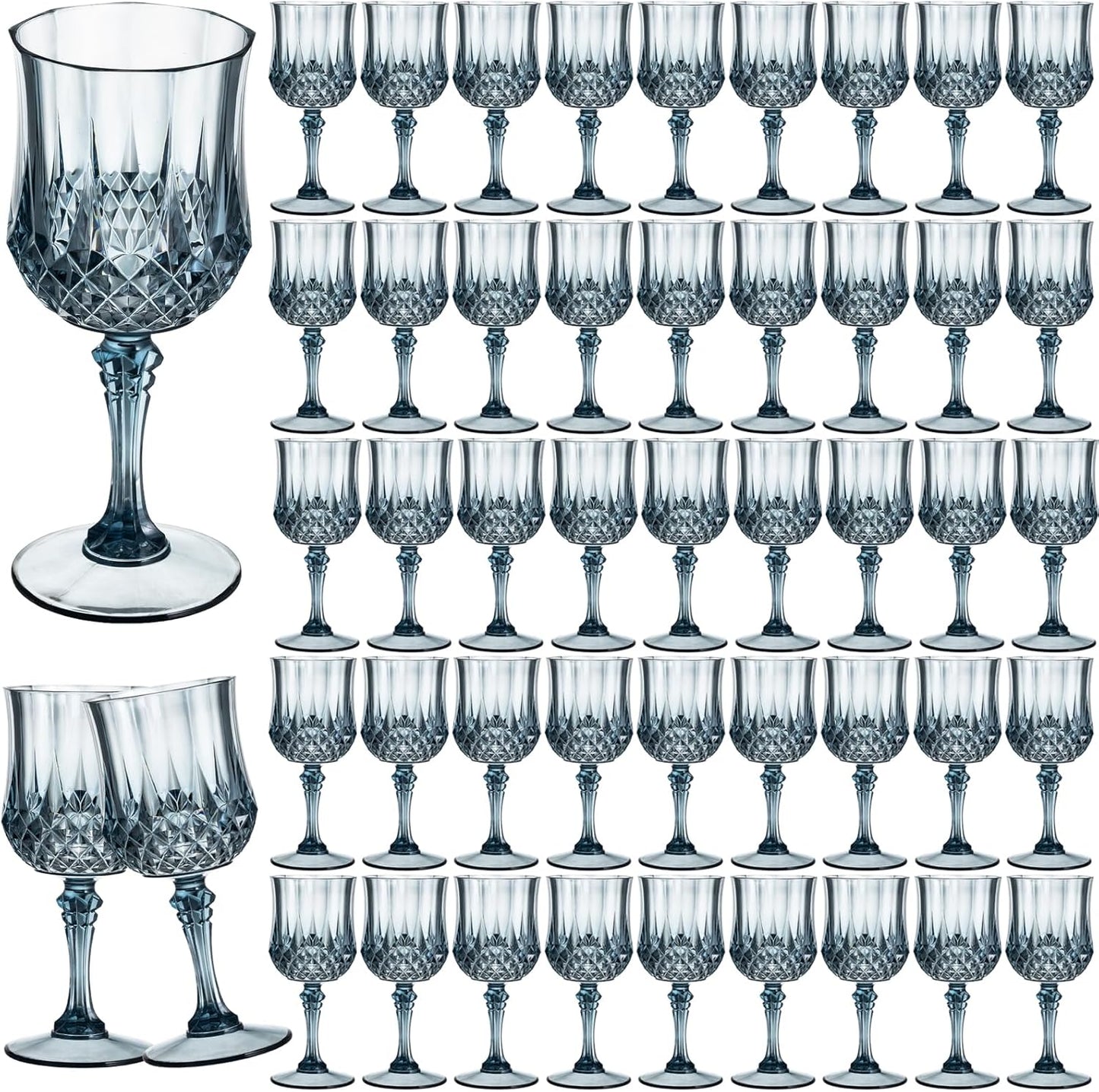 7OZ Plastic Wine Glasses, 48Pcs Blue Reusable Drinking Cups Vintage Champagne Flutes, Plastic Crystal Water Goblets for Parties Stemmed Shatterproof Drinking Glasses for Wedding, Toasting Party