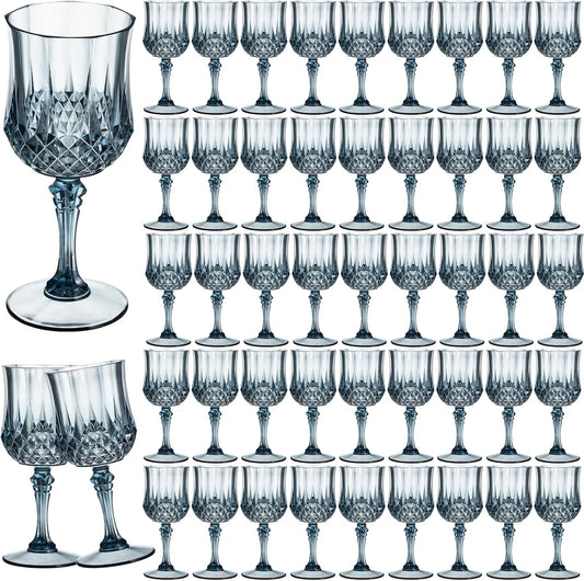 7OZ Plastic Wine Glasses, 48Pcs Blue Reusable Drinking Cups Vintage Champagne Flutes, Plastic Crystal Water Goblets for Parties Stemmed Shatterproof Drinking Glasses for Wedding, Toasting Party