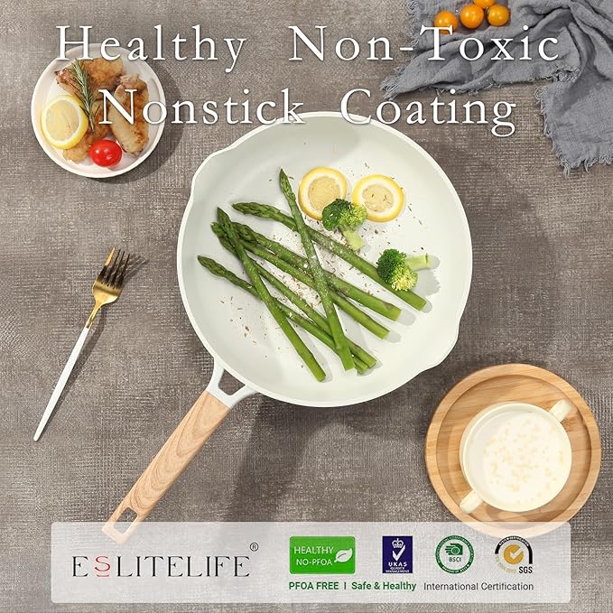 ESLITE LIFE Nonstick Ceramic Frying Pan Skillet, Non-Toxic Egg Omelette Kitchen Cooking Pans Compatible with All Stovetops (Gas, Electric & Induction), PTFE & PFOA Free (White, 8'')