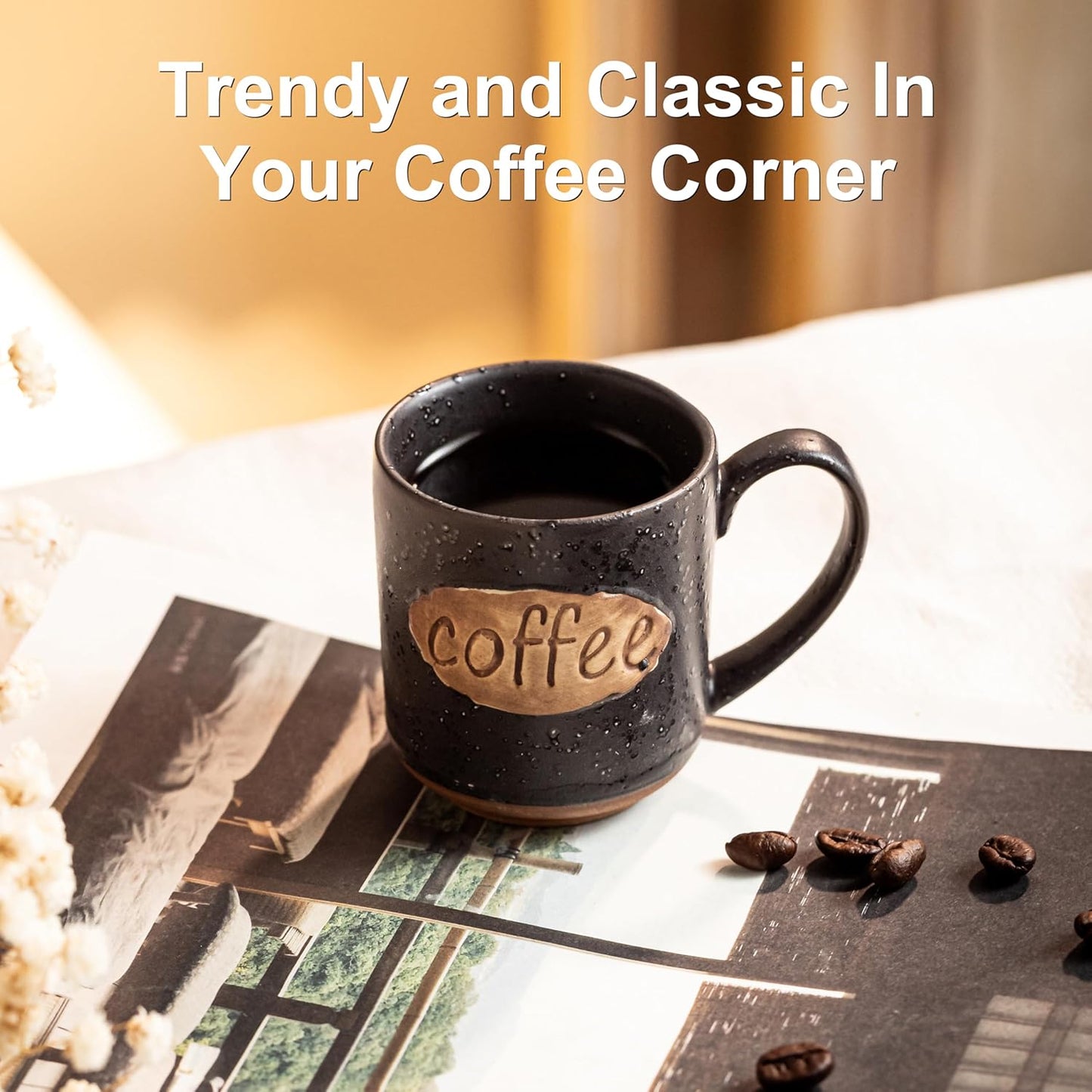 LYEOBOH Coffee Cups, Espresso Cups, Tea Cup, Coffee Mugs Set of 6, 3 oz Ceramic Espresso Cups, Cute Mini Demitasse Cups with Handle for Coffee Bar & Home Microwave & Dishwasher Safe, Black