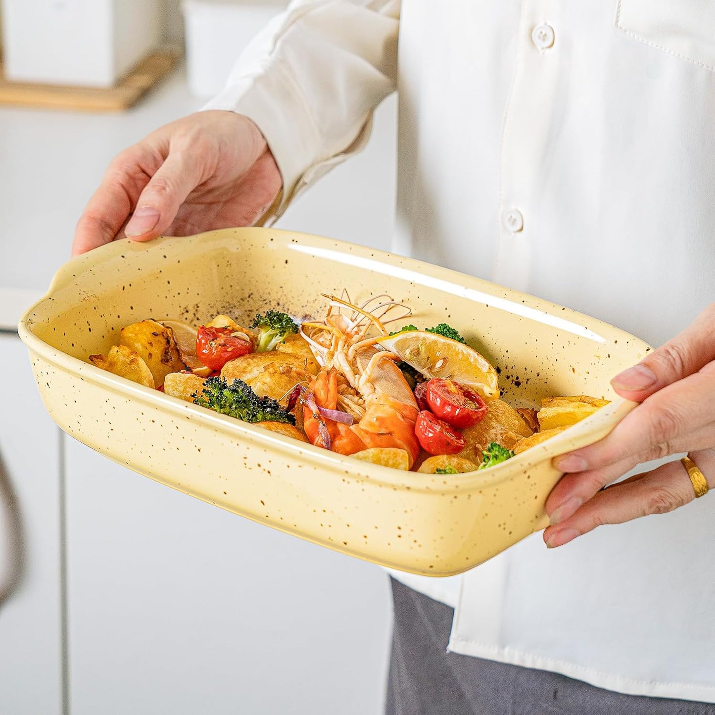 Casserole Dish Set of 3,Ceramic Bakeware for Oven,Rectangular Baking Dishes with Handles,High Heat Resistant,Colorful Speckle Stoneware Series (13.8''/12''/9.6''Yellow)