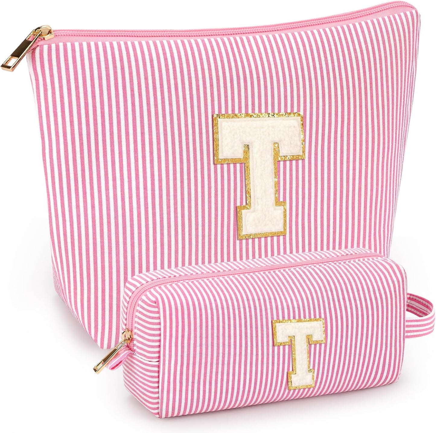 2 PCS Initial Makeup Bags for Women: Cosmetic Bag for Travel Toiletry - Birthday Gifts for 11 12 13 14 15 16 17 18 Years Old Girl Graduation Teacher Gift- Teen Girl Gifts Trendy Stuff - Pink T