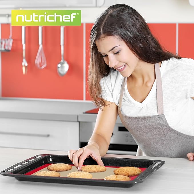 Nutrichef Silicone Baking Mats - 2 Non-stick Food-Grade Silicone Mats - Perfect for Full Baking Pans 24.4 x 16.5 IN - Oven-safe Up to 480 Degrees F - Suitable for Ovens, Freezers, & Dishwashers - Red