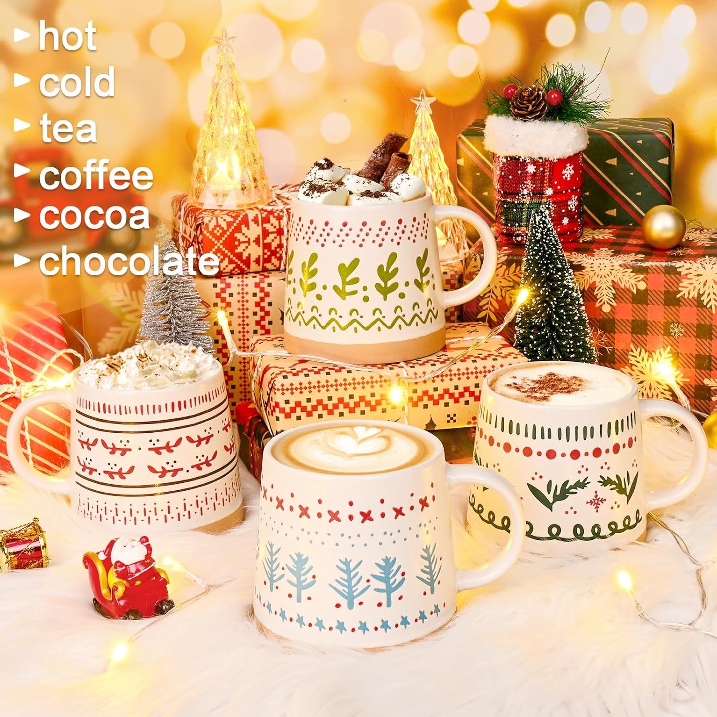 Maustic Christmas Mugs Set of 4, Christmas Coffee Mugs, Ceramic Holiday Mug for Hot Cocoa, Hot Chocolate, Coffee, Tea, Family Gifts, 14 Oz, Microwave & Dishwasher Safe