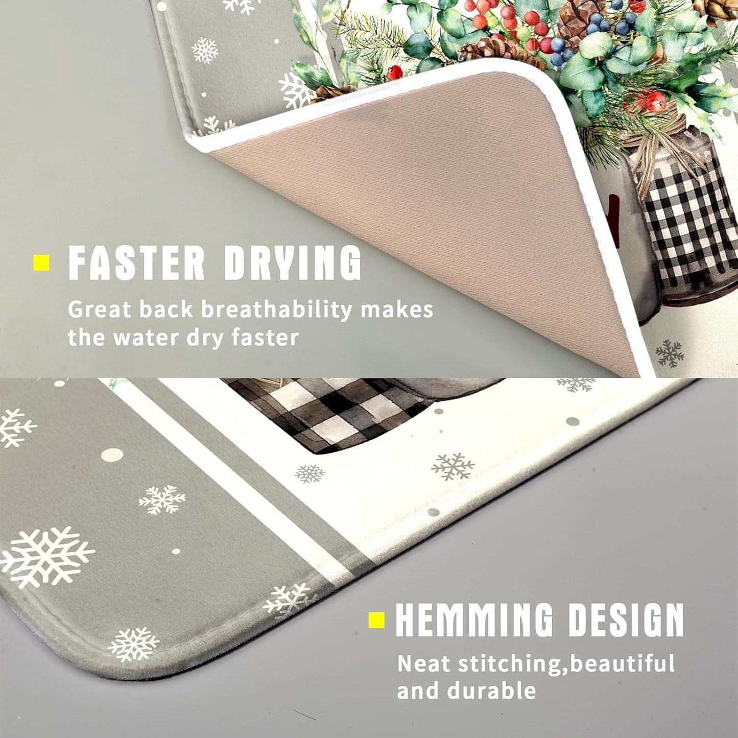 Winter Christmas Dish Drying Mat 16x18 for Kitchen Counter Xmas Joy Poinsettia Flower Berry Snowflake Absorbent Microfiber Fast Dry Dishes Draining Mats Holiday Kitchen Decor