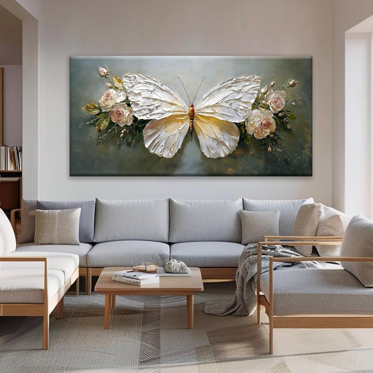 Large Wall Art Decor Abstract White Simple Butterfly And Rose Wall Art For Living Room Bedroom Office Kitchen Home Wall Decor 29x58 Inch Modern Abstract Artwork