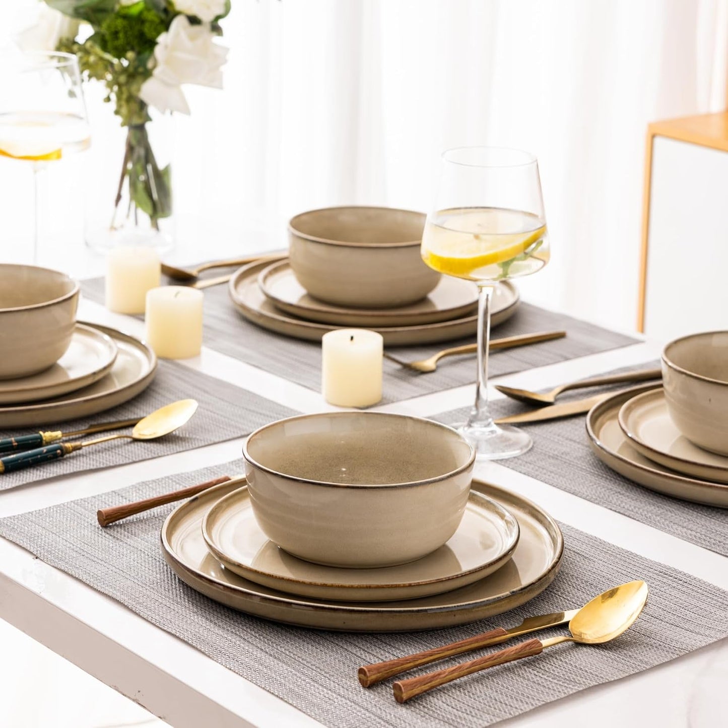 GBHOME Ceramic Dinnerware Sets for 6, 18 Pieces Stoneware Plates and Bowls Sets, Scratch Resistant Dishes, Dishwasher & Microwave Safe, Reactive Glaze-Cappuccino