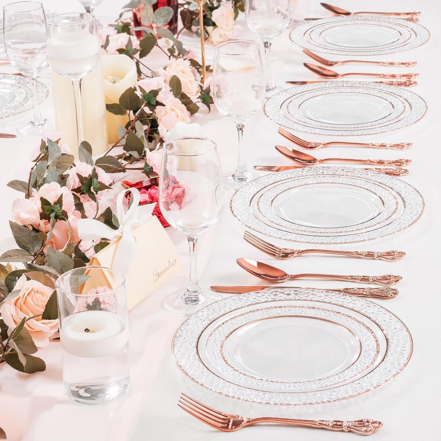 102PCS Rose Gold Plastic Plates - Clear Rose Gold Disposable Plates Include 51PCS 7.5inch Dessert Plate 51PCS 10.25inch Dinner Plate Perfect for Weddings Parties
