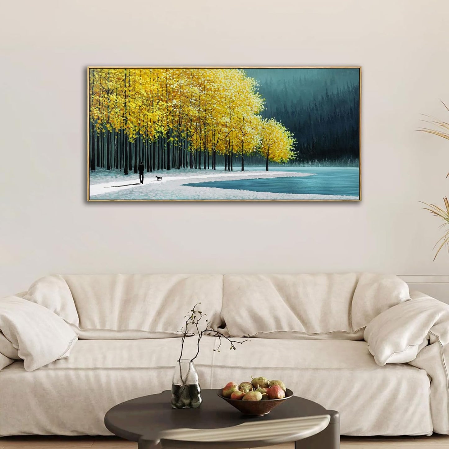 KLAKLA Large Wall Art - Yellow Bedroom Birch Tree Valley Snowy Forest Wild Lakes Landscape Canvas Pictures Wall Decoration for Living Room Office Home Decor - 40x20 Inches