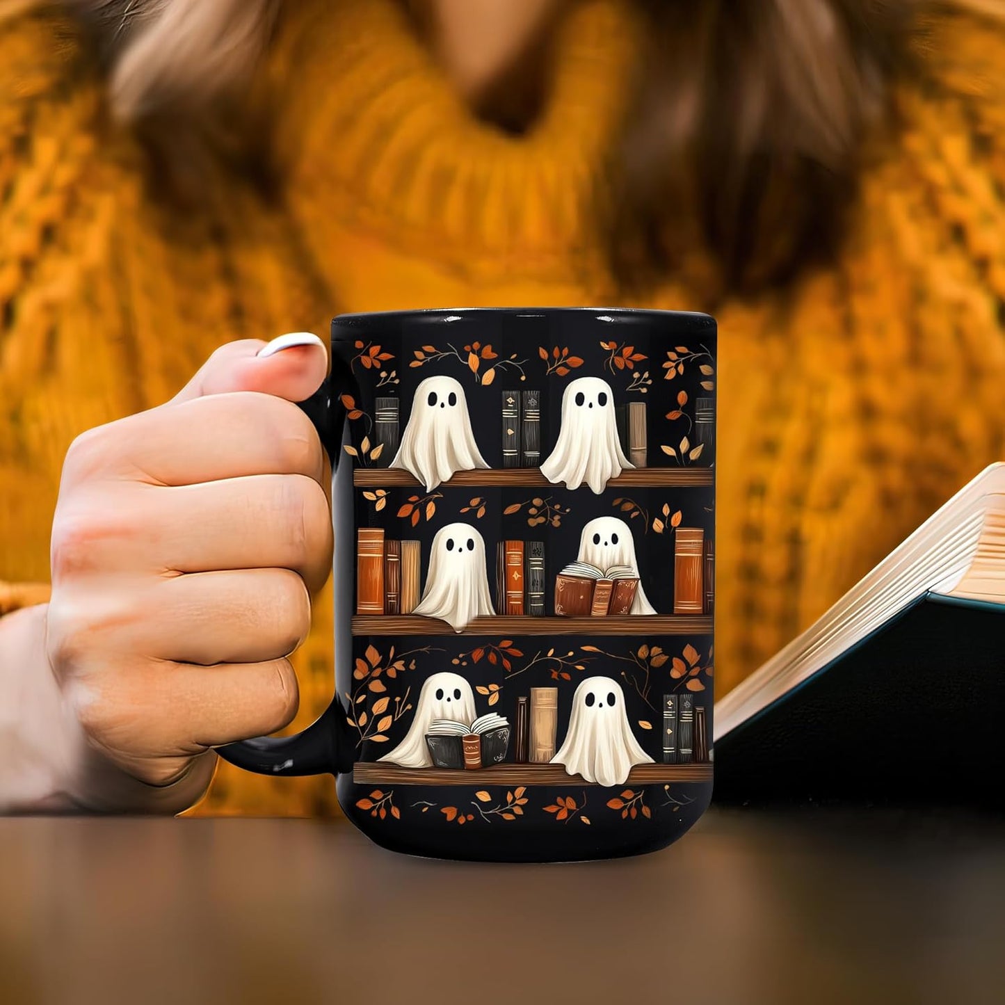 Hyturtle Cute Ghost Read Book Mug - Black Coffee Cup Ceramic Mug 15 Oz And Keychain - Book Gifts For Women Lover - Bookish Gift For Bookworm Librarian - Inspirational Librarian Present For Halloween