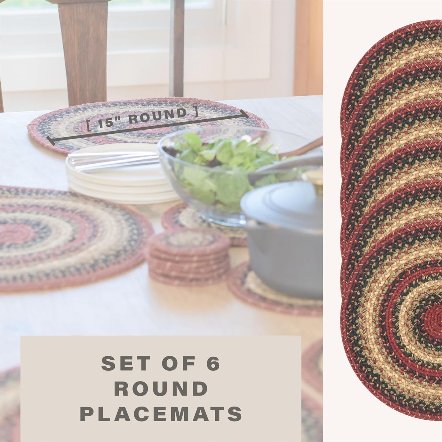 Highland Jute Woven Round Placemats Set of 6, 15", Warm Lodge and Country Decor, Multicolor Table Mats - Vibrant Colors, Durable, Easy to Clean and Protects Furniture
