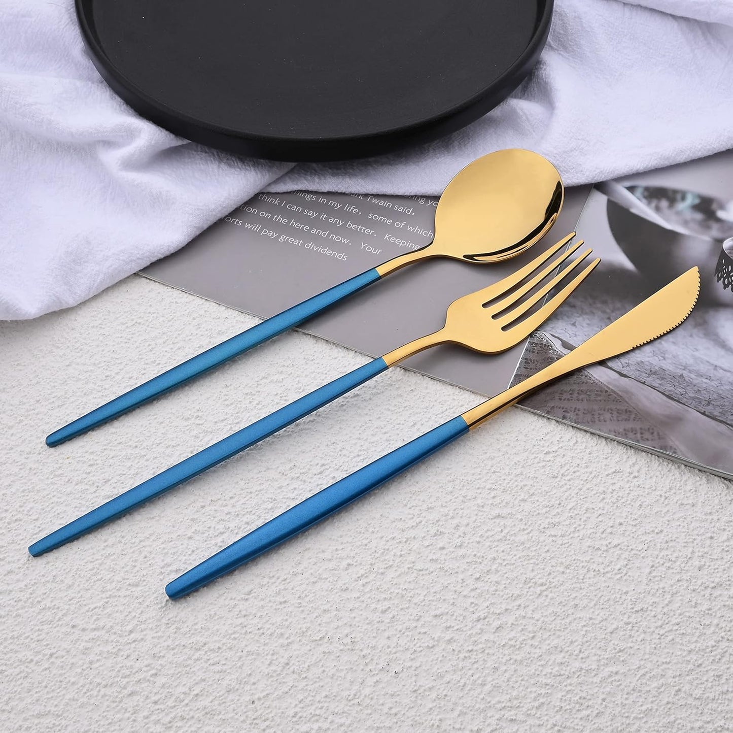 Silverware Set – 20 Piece Family Dinnerware Set – Flatware Set Service For 4 – Blue Gold Tableware Sets – Cutlery Great For Family Gatherings & Daily Use – Spoons, Knives, Forks