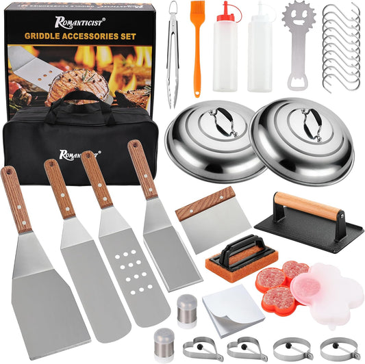 ROMANTICIST 132PC Professional Griddle Accessories Kit - Heavy Duty Stainless Steel Grill Spatula Set for Grill Griddle Hibachi Flat Top Outdoor Cooking - Great Grill Gift on Birthday Wedding