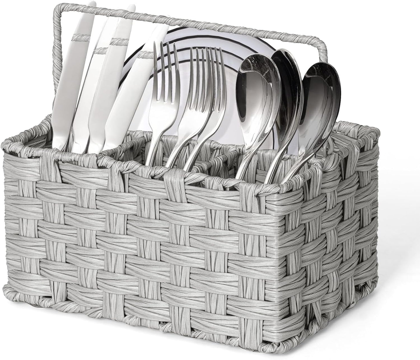 Wicker Flatware Organizer, Plastic Wicker Cutlery Holder, Outdoor Silverware Caddy, Woven Divided Utensil Caddy with Handle, Utensil Holder for Table, Kitchen, Party (Gray)