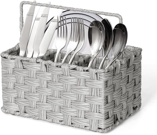 Wicker Flatware Organizer, Plastic Wicker Cutlery Holder, Outdoor Silverware Caddy, Woven Divided Utensil Caddy with Handle, Utensil Holder for Table, Kitchen, Party (Gray)