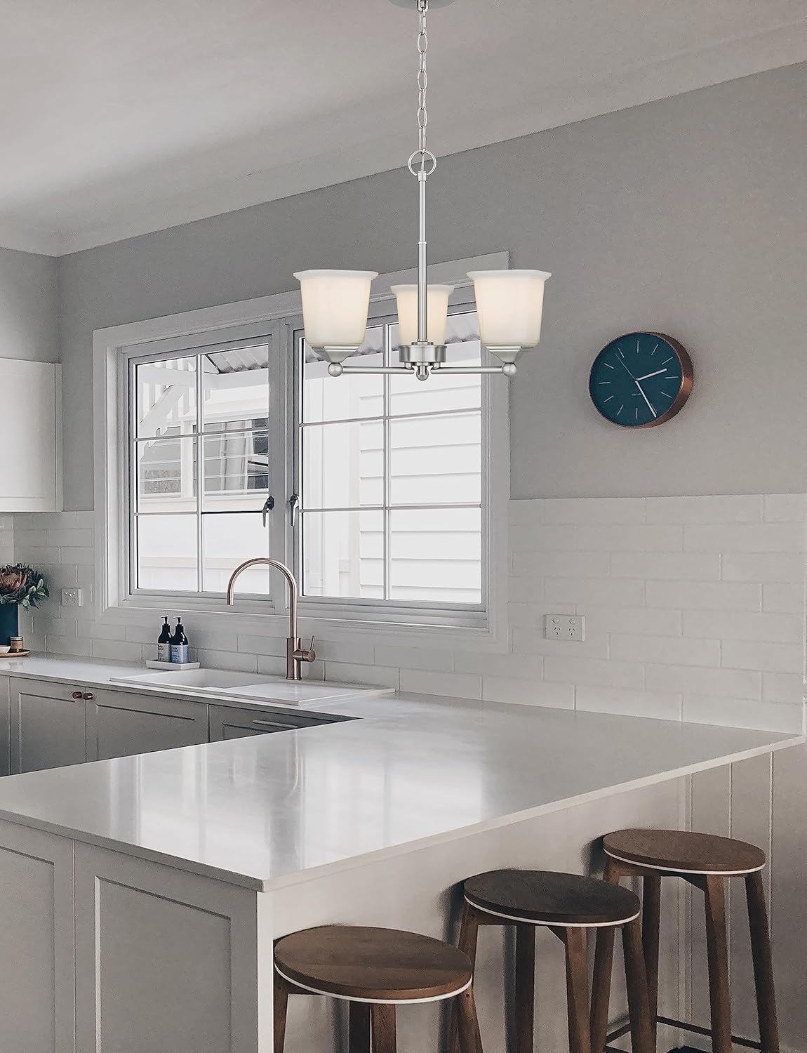 Nox 3-Light Chandelier Pendant Ceiling Light Brushed Nickle White Glass Shade Adjustable Height for Hallway, Entryway, Passway, Dining, Bedroom, Kitchen, Balcony Living Room