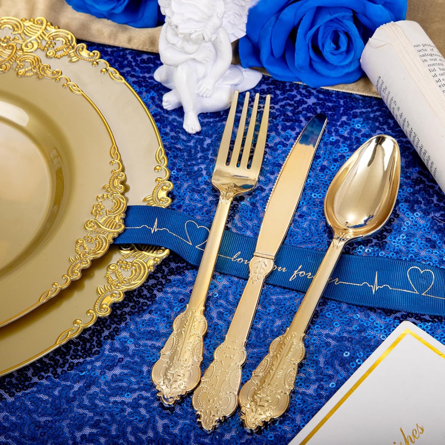 Morejoy 175PCS Solid Gold Plastic Plates with Gold Rim，gold disposable dinnerware sets Include 25 Dinner Plates,25 Dessert Plates,25 Cutlery Sets,25 Napkins Perfect for Party & Thanksgiving