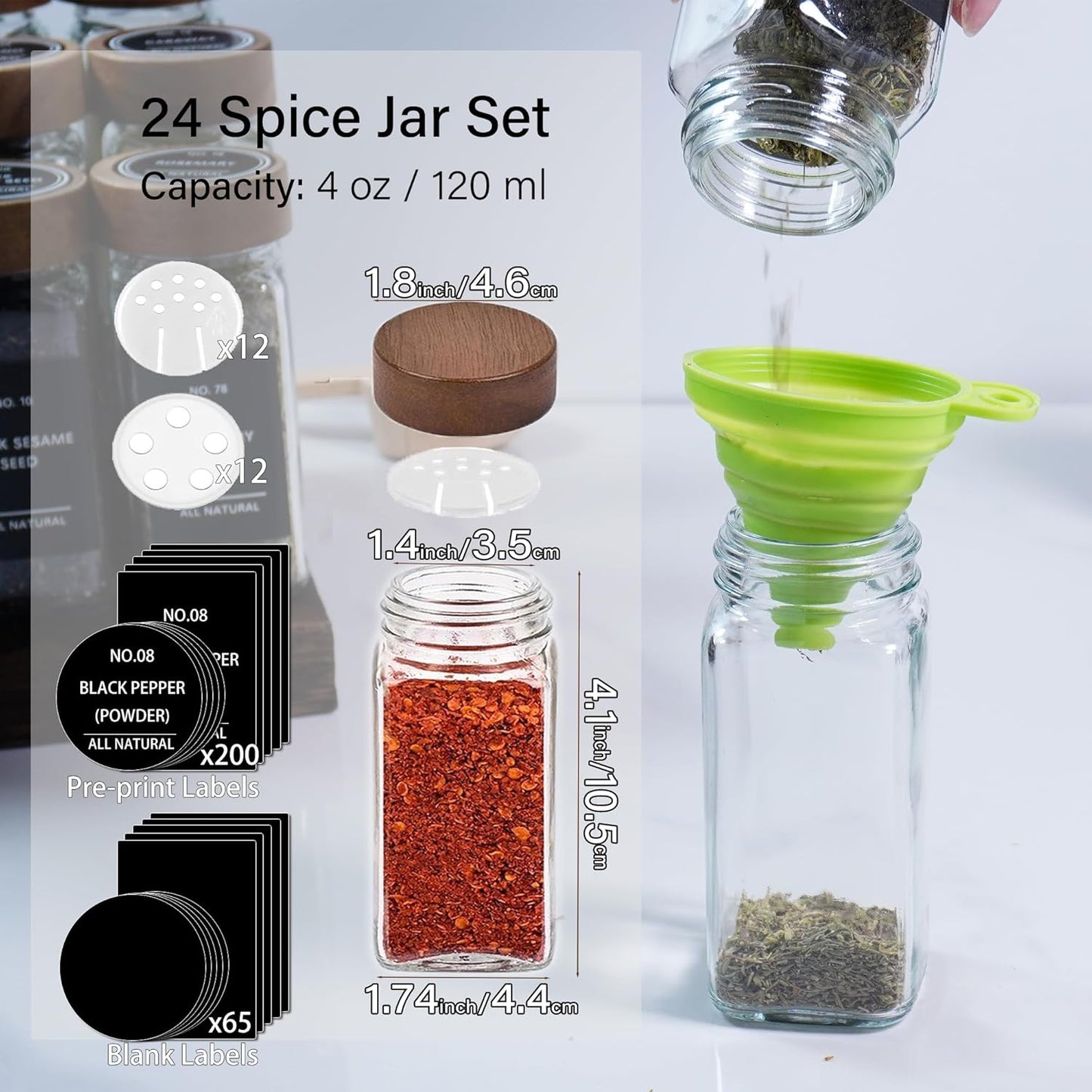 Spice Jars with Labels 24 Pack 4 oz Glass Spice Containers with Wooden Lids, Empty Seasoning Jars Set with Funnel, Brush & Marker, Square Glass Jars for Kitchen Pantry Organization & Storage