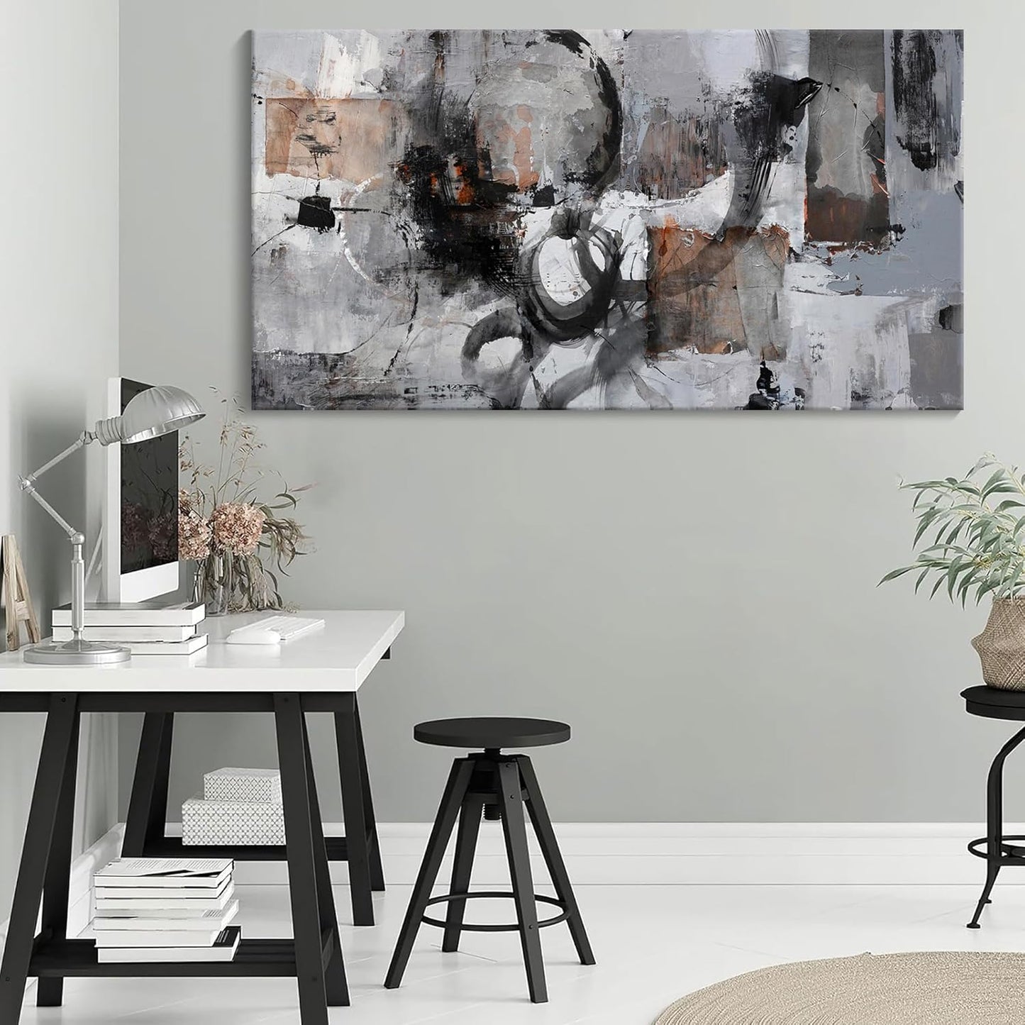 Pogusmavi Large Abstract Canvas Wall Art - Black & Grey, 29x58in, Framed, Modern Decor for Living Room & Bedroom