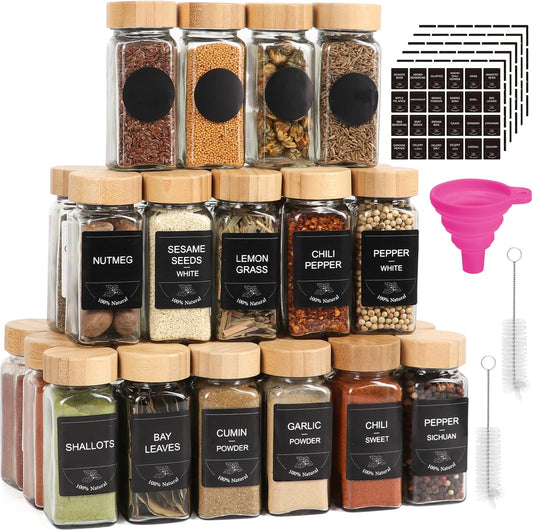 SZUAH 4oz Glass Spice Jars with Labels 36 Pack,Empty Seasoning Jars, Glass Jar with Bamboo Lids for Cabinet, Drawer, Rack, Seasoning Organizer & Pantry Organization (120ml, Set of 36)
