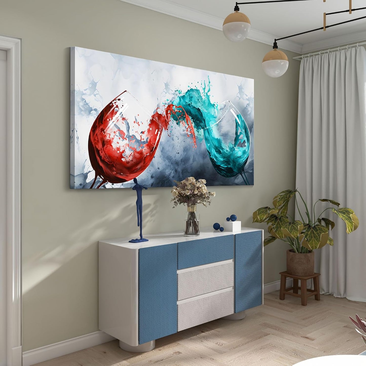 Pogusmavi Dining Room Wall Art Wine Glass Canvas Wall Pictures Kitchen Art Wall Decor Blue & Red Wine Cups Painting Modern Wall Art for Living Room Office Artwork Wall Decor 30x60IN