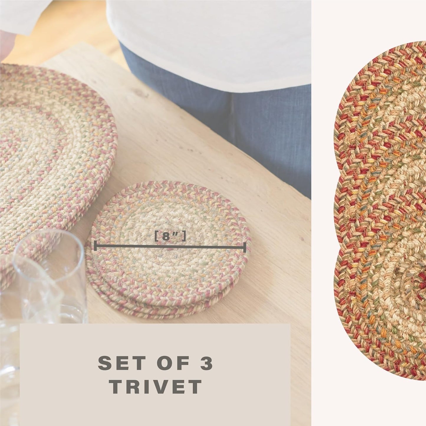 Harvest Jute Braided Trivets for Table, Warm Country Decor, Set of 3, Multicolor 8" Round Heat Resistant Mats - Rich Colors, Easy to Clean, Durable and Protects Furniture