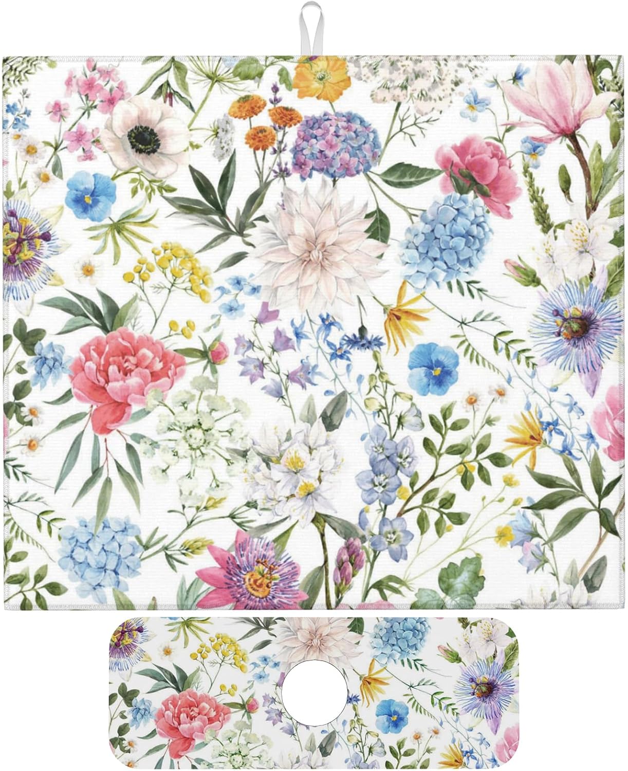 Colorful Flowers Dish Drying Mat for Kitchen Counter, 16"x18" Microfiber Absorbent Fast Dry Mat, 2Pcs Dish Mat Faucet Mats Sets, Large Drying Kitchen Mat Kitchen Drying Pad Coffee Bar Decor Gifts