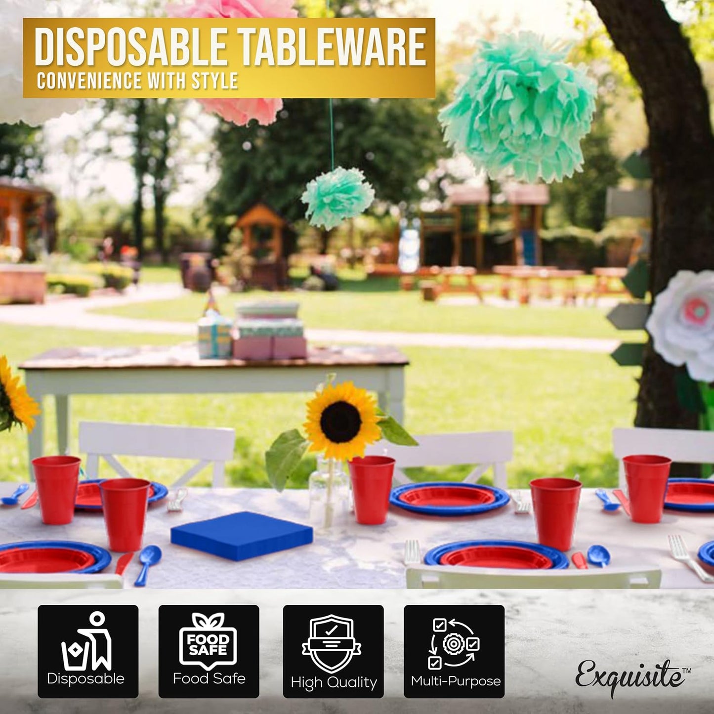 Party Solids 4th Of July Plates And Napkins Sets 350 Pieces Red White & Blue Plates And Napkins 4th Of July Decorations, 50 Of Each 9" Dinner Plate Set, 7" Plate, Cups, Napkins, Cutlery Dinnerware