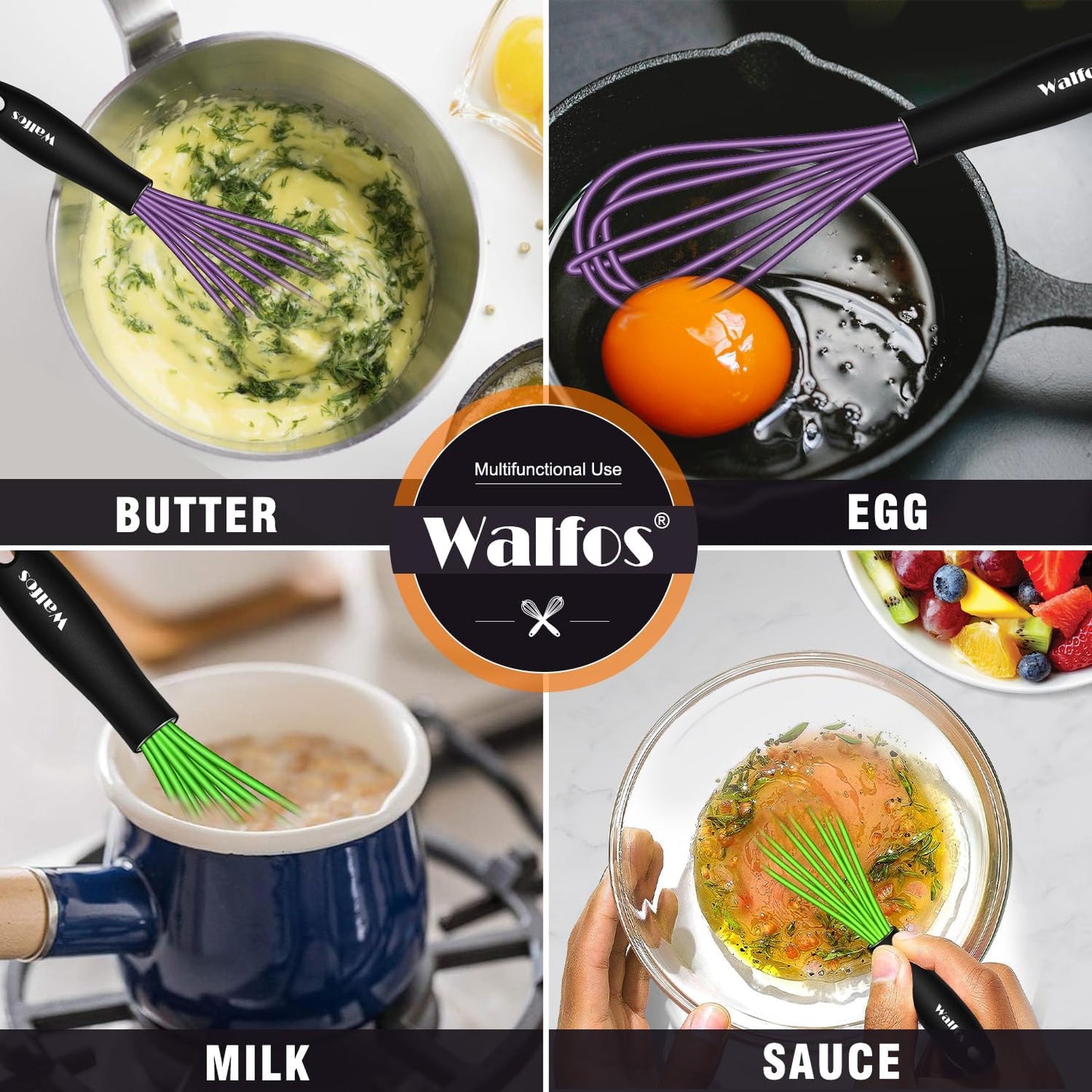 Walfos Whisk,5+7Inch Mini Whisks,Silicone Whisk Non Scratch whisk,Heat Resistant(480°F) Small whisks Suitable for stirring individual eggs and mixing small amounts of powder and sauce. Purple & Green